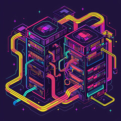 Abstract futuristic illustration of interconnected server towers with neon cables, representing digital data flow, network infrastructure, and technology