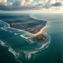 Aerial view of coastal city, curved shoreline, turquoise ocean waves, sandy beaches, urban development, lush green landscape, cloudy sky, dramatic lighting, bird's eye perspective, island formation, c