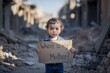 © StreamPixel - A young child stands amidst the ruins of a war-torn city.