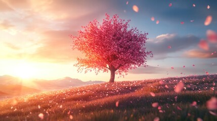 Springtime pink tree with flowers at sunset creating romantic landscape with soft clouds. Romantic sunset.