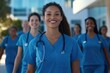 © Vooglo.com - A diverse group of nurses, dressed in matching blue scrubs, walk together confidently outside