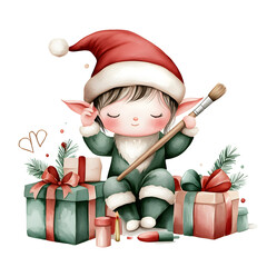 Wall Mural - A little elf is sitting on a pile of presents and boxes