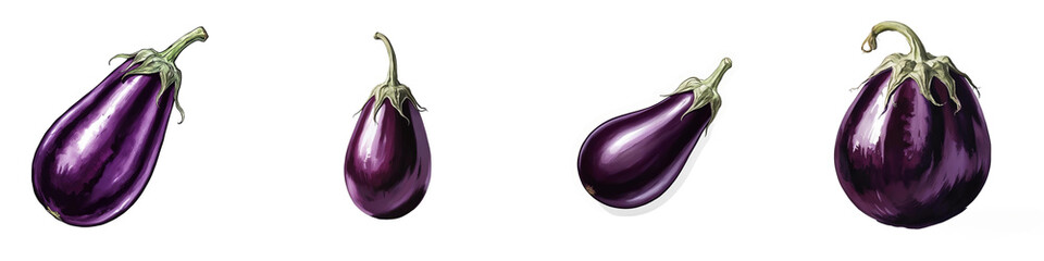 Wall Mural - Fresh purple eggplants on white isolated background.