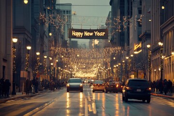 Festive urban street with happy new year lights and evening traffic scene