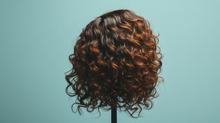 A brown curly wig on a mannequin head against a blue background.