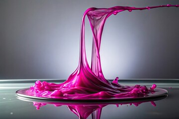 Fuchsia slime flowing down a sleek glass surface in a minimalist background, elegant, smooth