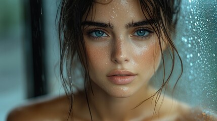 Wet Hair, Blue Eyes, and Water Droplets