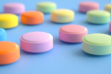 Colorful pills lying on a light blue surface represent the pharmaceutical industry, healthcare, and medical treatments