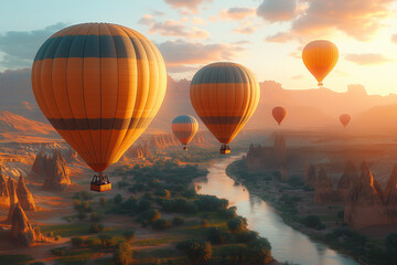 Colorful hot air balloons flying over the landscape at sunset. Cappadocia in Turkey