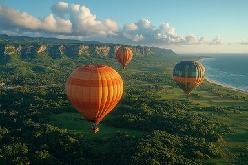 Colorful hot air balloons flying over the landscape at sunset. Cappadocia in Turkey