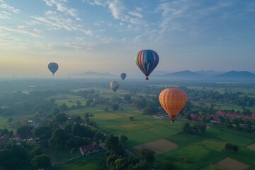 Colorful hot air balloons flying over the landscape at sunset. Cappadocia in Turkey