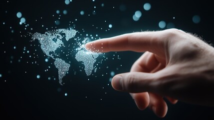 Wall Mural - a close up shot of a hand interacting with a holographic interface displaying a map of the world, re
