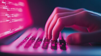 Wall Mural - A close up shot of a hand typing on a keyboard, with lines of code displayed on the screen, representing global software development.