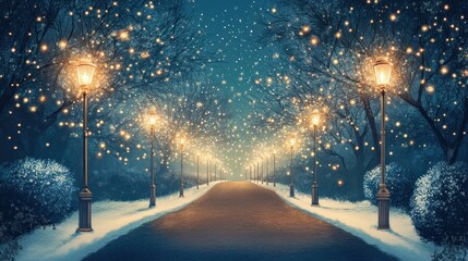 A snowy path lined with streetlights and glowing orbs leads through a winter forest.