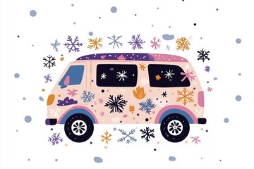 A colorful van decorated with snowflakes parked amidst falling snowflakes on a winter day, creating a whimsical and cheerful atmosphere