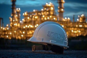 white safety helmet standing in front of oil refineries and gas storage tanks at night