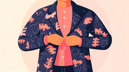 Stylish person adjusting trendy patterned blazer against soft pastel background.