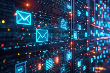 A close-up view of a futuristic data network with glowing blue icons representing communication