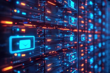 A close-up view of a futuristic data network with glowing blue icons representing communication