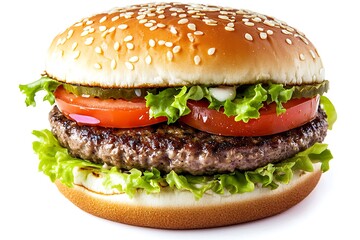 Classic hamburger with grilled beef patty, fresh vegetables, and sesame seed bun isolated on white background