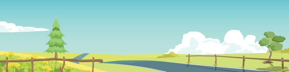 Curvy asphalt road on the meadow. Asphalt road leading to the destination ahead. Green fields and flower surrounded by hills. Vector or Illustration transport and nature background for banner.