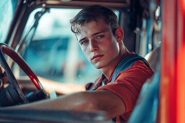 Young tow truck driver sitting in his truck and looking back