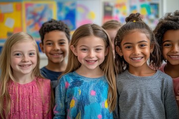 A group of young children standing close together, smiling brightly in a classroom setting
