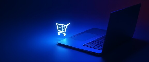 Laptop with glowing shopping cart symbolizing digital commerce and online shopping.