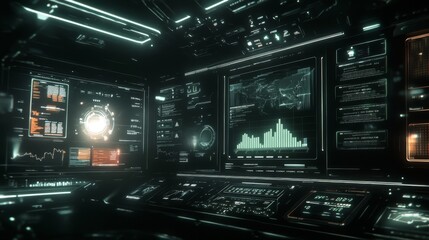 Poster - Futuristic Control Room Interior with Digital Screens