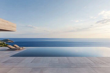 Luxury infinity pool overlooking a serene ocean at sunset in a modern villa