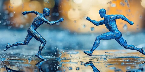 A competitive contest occurs between two figures of blue runners, with their reflection visible on a glistening surface below, emphasizing the intensity of the race.