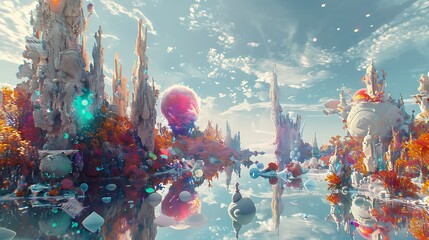 An eye-catching digital artwork of a fantasy scene with vibrant colors and imaginative elements, set on a clean white background.