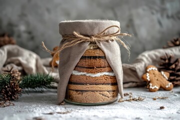 A jar of homemade gingerbread cookie mix, with layers of ingredients visible, wrapped in a minimalist fabric cover and tied with twine, styled with holiday decorations in natural tones.