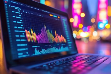 Closeup screen of the laptop or notebook device, displaying the colorful website traffic metrics