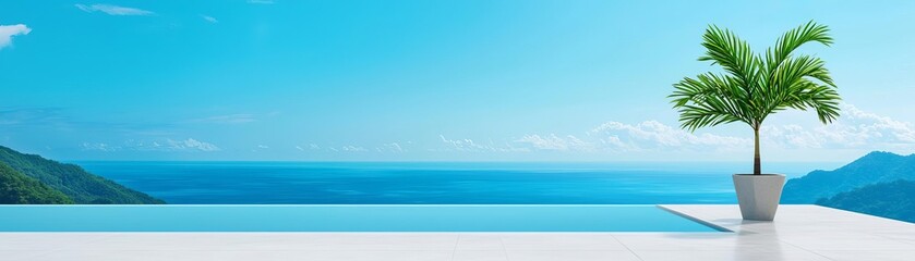 A tranquil scene featuring a solitary palm tree beside a serene infinity pool overlooking a clear blue ocean and distant mountains.