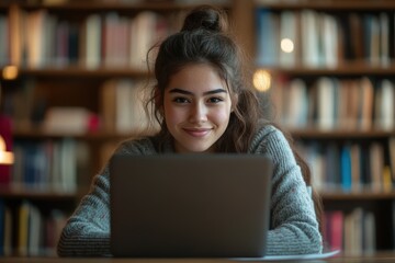 Laptop, notes and portrait of woman writing in library studying for university exam, assignment