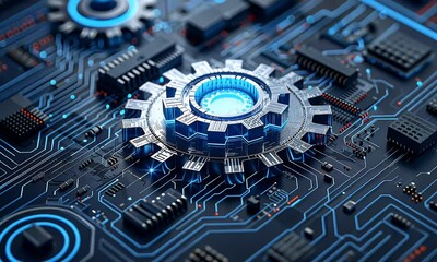 Blue gear icon on circuit board background, digital technology concept with gears and circuits for computer design or business system development


