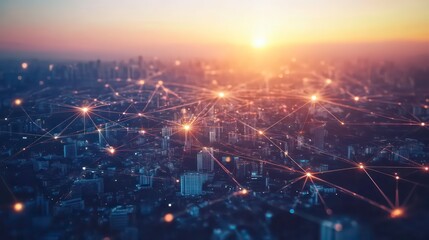 Aufkleber - A cityscape at sunset with a network of connections symbolizing technology and communication.
