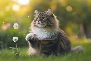 A fluffy cat playfully interacting with a flower in a sunlit garden.