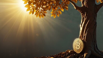 Wall Mural - illustration of gold coin tree and morning sun.