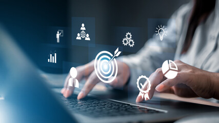 Wall Mural - white dartboard and white arrow connection linkage with human icon for customer focus target group a