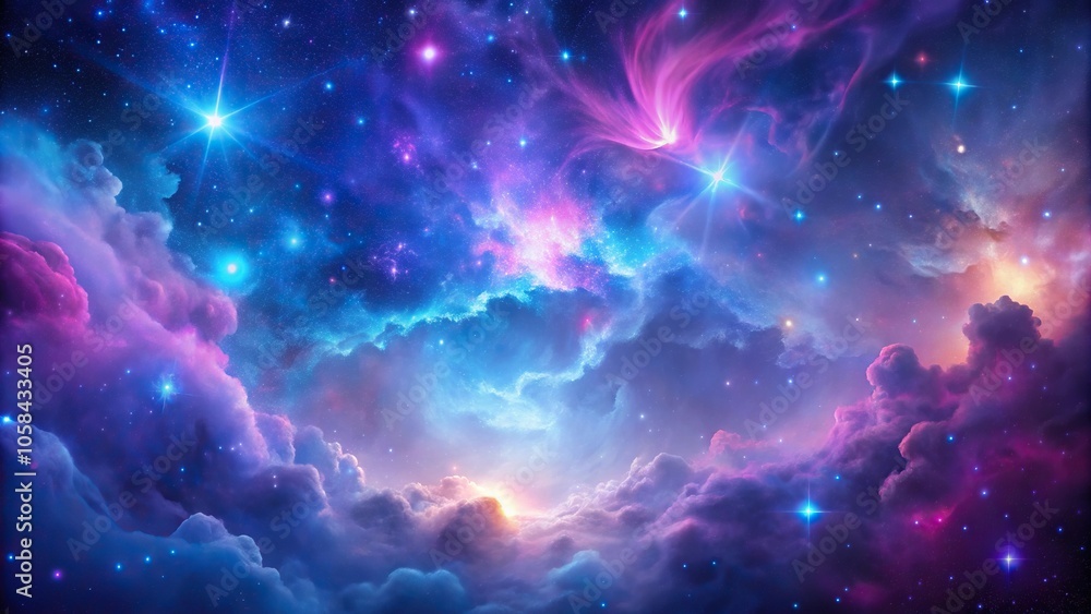 Cosmic nebula background with glowing purple gas clouds and stars in ...