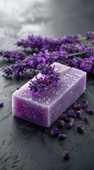 Handmade lavender soaps decorated with delicate flowers are located among fresh lavender inflorescences