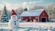 © LensDreamer - A happy snowman near a snow-covered barn, with a frosty field and space for text above.