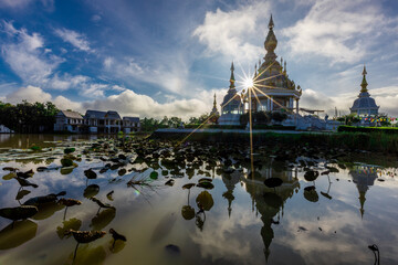 The background of an important tourist attraction in Khon Kaen Province (Wat Thung Setthi) is a large pagoda in the middle of a swamp, tourists always come to see the beauty in Thailand