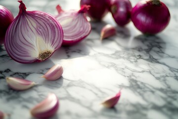 Wall Mural - Fresh red onions lie on a marble surface. A sliced onion reveals layers and texture. This image captures freshness and culinary inspiration. Generative AI.