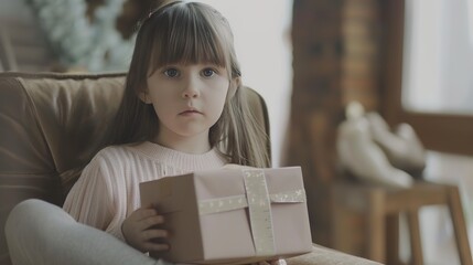 The Little Girl Holding a Gift Box - a delightful and cheerful visual. The girl’s expression of excitement brings joy to the scene.