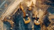 © VINA - Aerial view of four yellow excavators working on a construction site with dirt and dust flying up into the air.