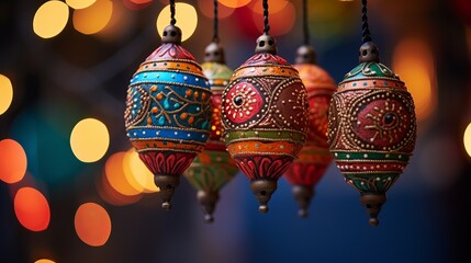 Beautifully crafted traditional ornaments hanging against a backdrop of colorful bokeh lights