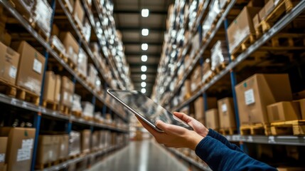 Aufkleber - In a blurred warehouse background, worker hands hold a tablet to check stock.
